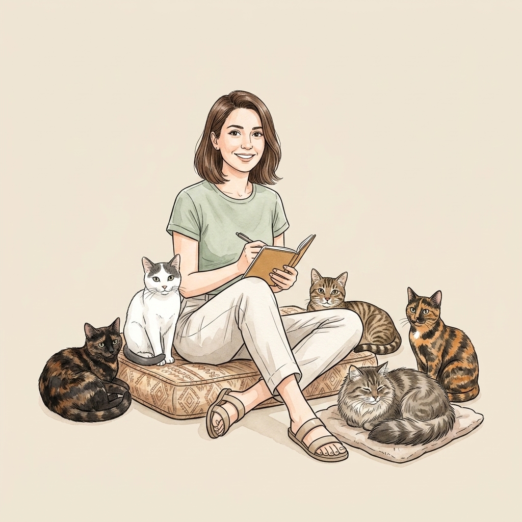 Tülay Kayalar Durukan ve GM Pet Sitter kedi yönetim kurulu üyeleri Gece, Maya, Mina Luna, Merlin ve Marla - 3D dijital suluboya illüstrasyonu